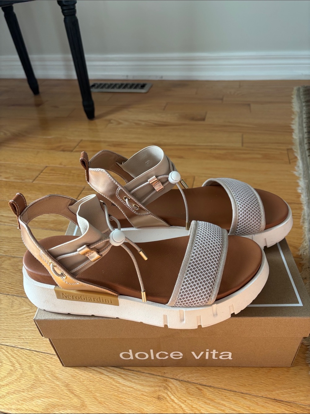 Dolce Vita Tan and White Sporty Platform Sandals with Mesh Strap
